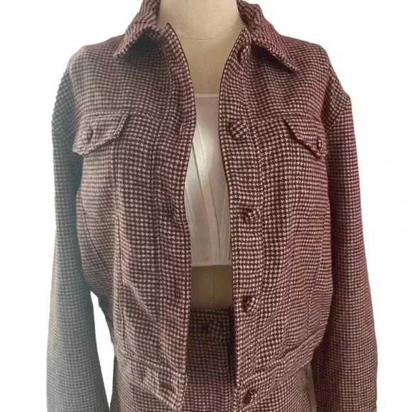 Cupcakes and Cashmere Wool Blend Plaid Houndstooth Burgundy Cream Jacket Medium - Picture 2 of 2